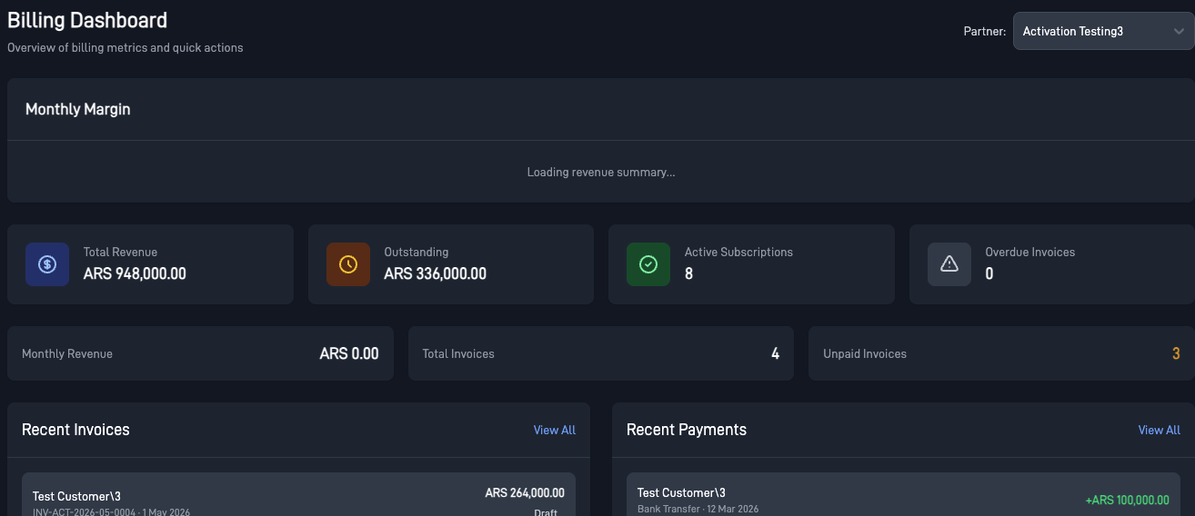 Starlink billing dashboard with receivables, invoicing, and white-label branding