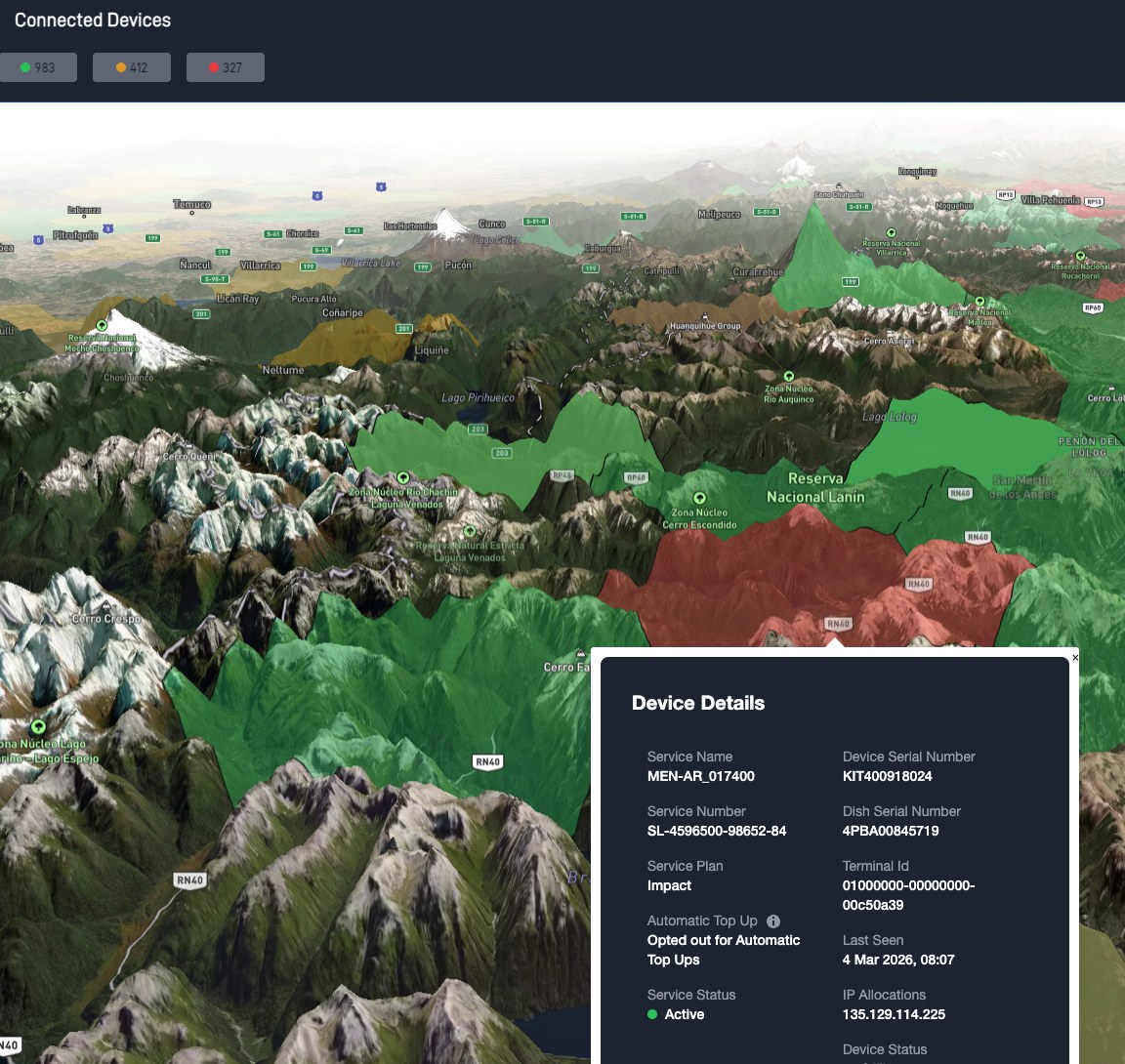 Starfleet Hub Starlink fleet management dashboard with a live fleet map on a terrain view